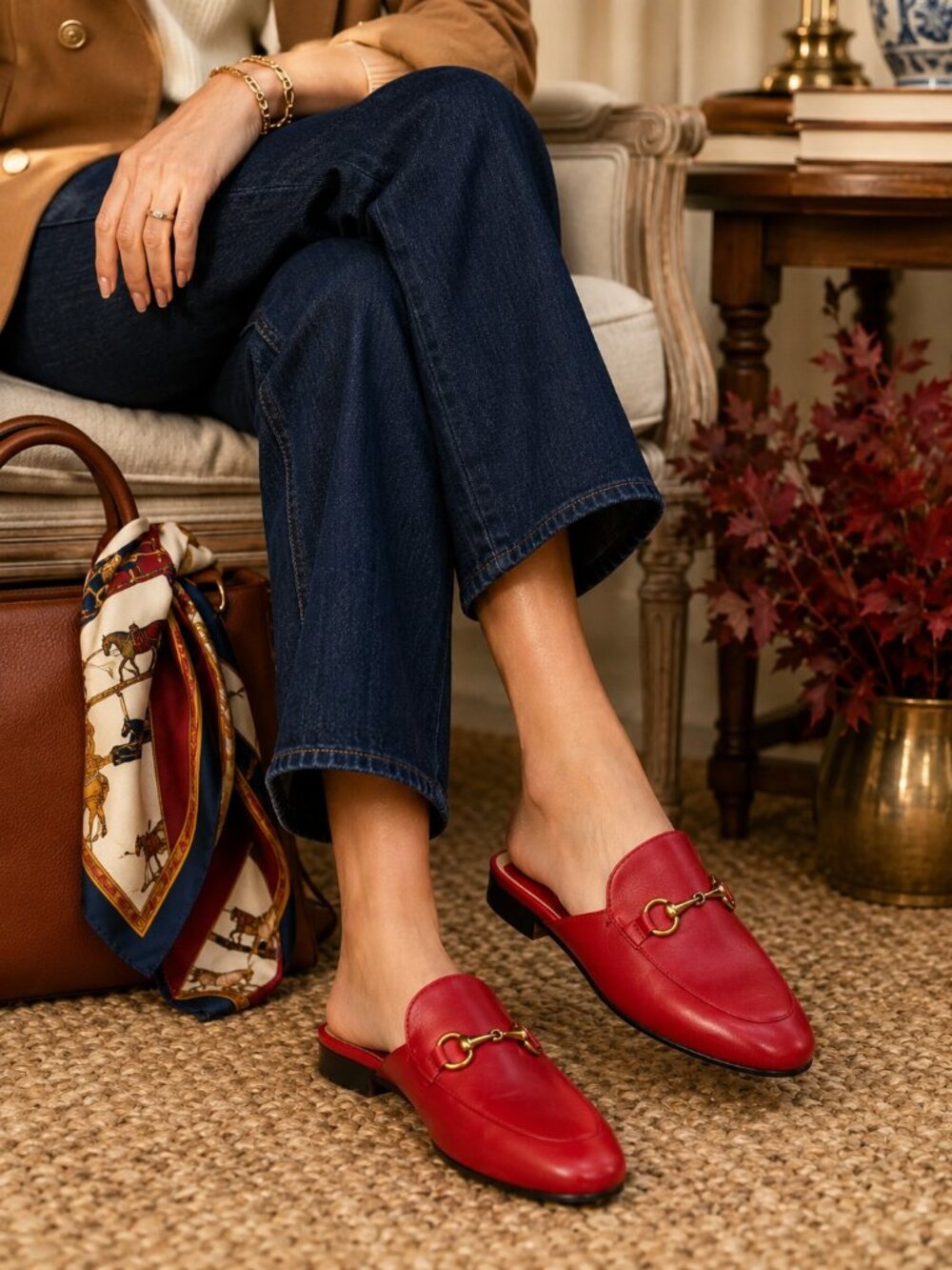 ARQA Red Leather Horsebit Loafer Mules Flats Size 9 EU 40